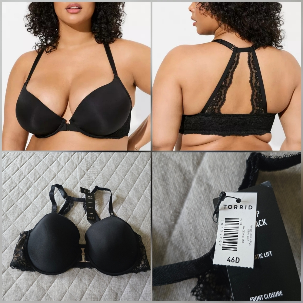 Torrid XO Plunge Push-up Front-Close Bra Black lace Size‎ 46D NWT